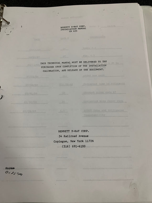 BENNETT X-RAY CM 425 INSTALLATION MANUAL