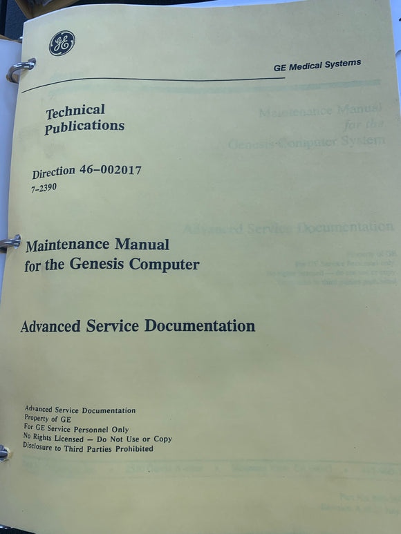 GE MAINTENANCE MANUAL FOR THE GENESIS COMPUTER