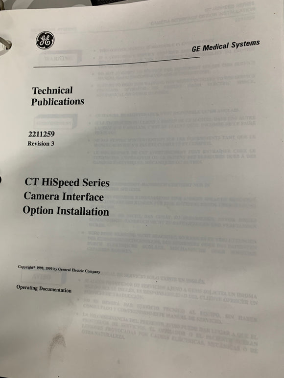 GE HISPEED CT CAMERA INTERFACE OPTION INSTALLATION GUIDE, 2211259