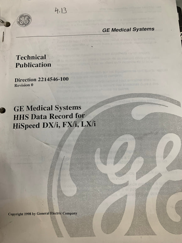 GE HHS DATA RECORD FOR HISPEED DX/I, FX/I, LX/I, 2214546-100