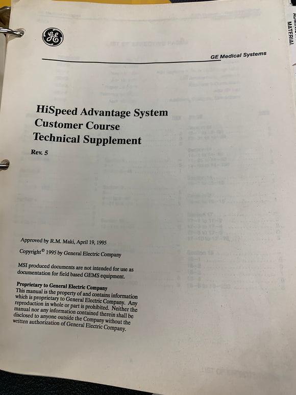 GE HISPEED ADVANTAGE SYSTEM CUSTOMER COURSE TECHNICAL SUPPLEMENT