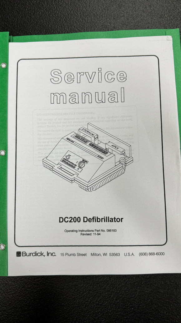 BURDICK DC200 DEFIBRILLATOR SERVICE MANUAL PART #086183