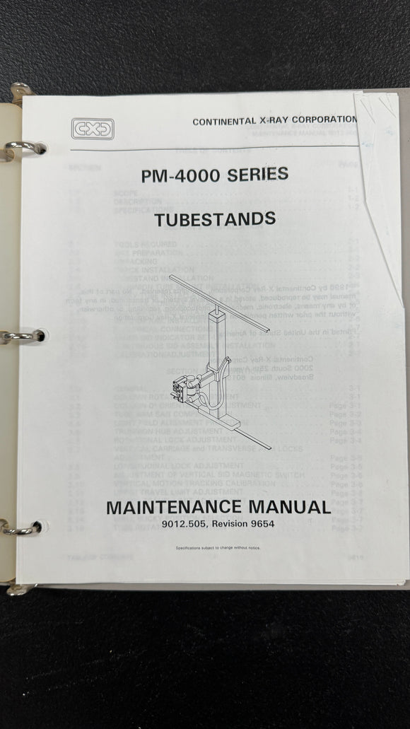 CONTINENTAL X-RAY PM-4000 SERIES TUBESTANDS MAINTENANCE MANUAL, 9012.505