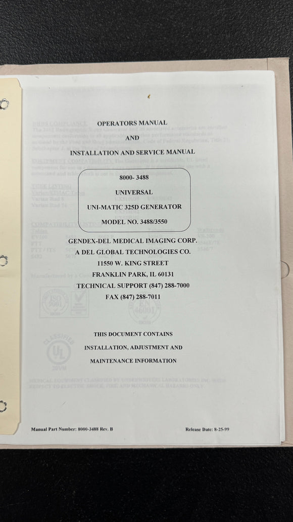 GENDEX-DEL MEDICAL UNI-MATIC 325D OPERATOR'S, INSTALLATION, & SERVICE MANUAL 8000-3488 MODEL #3488/3550